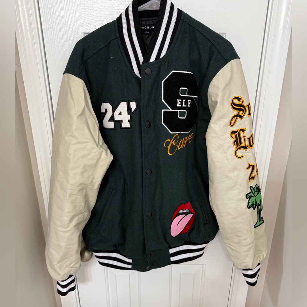 Green and Cream Varsity Jacket with self love patches